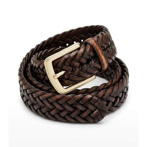 AJA Braided Belt Mens 38 Brown Woven Leather Gold Buckle Casual Classic Preppy